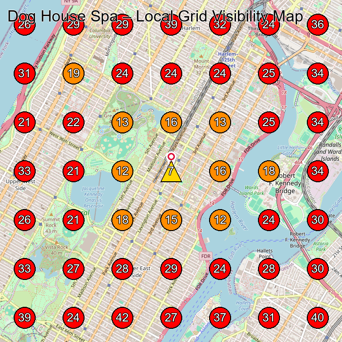 Dog House Spa GeoGrid visibility map for Dog Day Care Center in New York